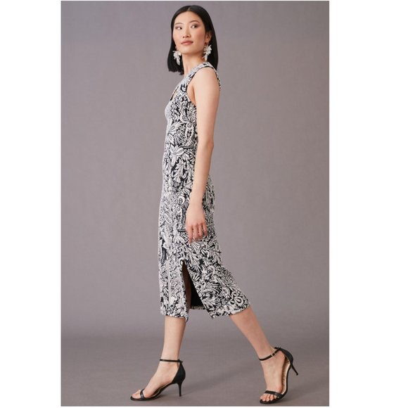 Anthropologie Jacquard Cut-Out Midi Dress Black White Floral Sleeveless - Picture 2 of 3